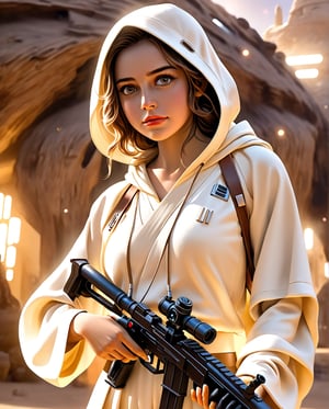 Ultra realistic,realistic , 64k, abstract masterpiece, ((Star Wars)), Luke Skywalker, Young girl, big eyes, beauty , 20 years old,brown hair, White hoodie,in the desert,(smile),  (arms holding large grey advanced two barrel rifle pointed to side), perfecteyes, Starwars Tatooine, outside, dramatic lighting, rim lighting, night, night sky, high contrast, halo,psychedelic,full shot (FS), ((full body with legs)), standing, (Full body:1.2) portrait, length full body, full body photo, thin full body, (complex cyberpunk eletric nanite veins), cinema style, Masterpiece, hyperdetailed, intricately detailed, Professional photography, bokeh, natural lighting, canon lens, shot on dslr 64 megapixels sharp focus, complex