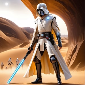  Ultra realistic,realistic , 64k, abstract masterpiece, Star Wars, Luke Skywalker, White hoodie, Wear boots,in the desert, Lightsaber in right, hand, full shot (FS), ((full body with legs)), standing, Full body portrait, length full body, full body photo, thin full body, (complex cyberpunk eletric nanite veins), cinema style, Masterpiece, hyperdetailed, intricately detailed, Professional photography, bokeh, natural lighting, canon lens, shot on dslr 64 megapixels sharp focus, complex