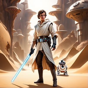 Ultra realistic,realistic , 64k, abstract masterpiece, Star Wars, Luke Skywalker, Young boy, big eyes, handsome, 20 years old,brown hair, White hoodie, Wear boots, ((in the desert )), Lightsaber in right hand, mystical atmosphere, Luke vs. Darth Vader,
full shot (FS), ((full body with legs)), standing, (Full body:1.2) portrait, length full body, full body photo, thin full body, (complex cyberpunk eletric nanite veins), cinema style, Masterpiece, hyperdetailed, intricately detailed, Professional photography, bokeh, natural lighting, canon lens, shot on dslr 64 megapixels sharp focus, complex