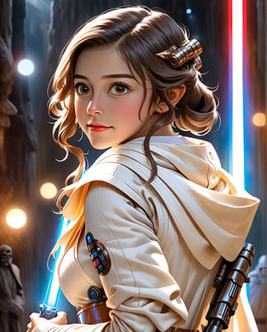 Ultra realistic,realistic , 64k, abstract masterpiece, ((Star Wars)), Luke Skywalker, Young girl, big eyes, beauty , 20 years old,brown hair, White hoodie,medieval clothing,(smile), perfecteyes, Starwars Tatooine, outside, dramatic lighting, rim lighting, night, night sky, high contrast, halo,psychedelic,full shot (FS), ((full body with legs)), standing, (Full body:1.2) portrait, length full body, full body photo, thin full body, (Lightsaber in right), cinema style, Masterpiece, hyperdetailed, intricately detailed, Professional photography, bokeh, natural lighting, canon lens, shot on dslr 64 megapixels sharp focus, complex