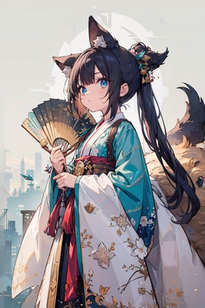 A fox girl, fan, biting the end of a fan , the  covering her mouth, showcasing a sly expression and wide eyes. She has nine fluffy tails trailing behind her, with long fox ears perched on top of her head. Dressed in traditional style clothing against a gradient background, she exudes a mysterious atmosphere, a high-quality detailed portrait illustration featuring a fox girl holding the fan with tails in front of her mouth, with vibrant colors, deep shadows, and intricate details, ideal for digital art and fantasy character design.hanfu,3DMMD