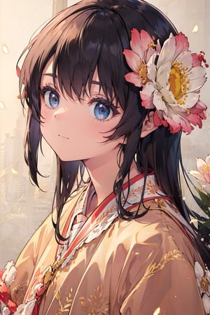 A girl, standing on a lotus flower,holding a flower,Chinese han costume,illustration,beautiful detailed eyes,beautiful detailed lips,adorable expression,soft lighting,peaceful atmosphere,full shot，ultra-detailed,realistic,portraits,vivid colors,soft shadows,Circle,hanfu,3DMMD