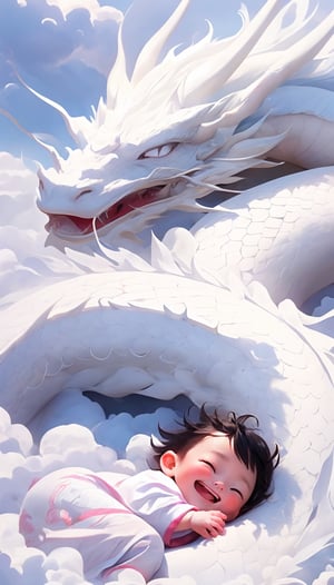 solo, short hair, black hair, black eyes, laughing, complete dragon, ((A baby lying down on a white dragon against a background surrounded by clouds)), (Lightning twines around),sky background,golden line