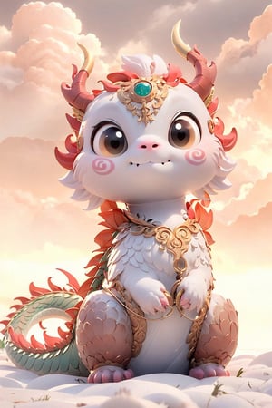 solo, blush, smile, brown eyes, sitting, tail, horns, sky, cloud, no humans, dragon, dragon tail