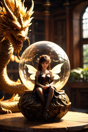 dragonyear in background, ((intricate details, hyperdetailed)),RAW,F/x 1,photorealistic,Hyper-realism,ambient occlusion,light defraction,depth of field,3D,hdr,8k,raytracing,realistic shadow,volumetric light,bloom,(Large Tall sealed glass spherical biosphere with ((goth fairy)) wearing tattered black bikini armor,symmetrical black wings),(miniature figure),fairy inside spherical biosphere,sitting on a beautiful old polished wooden desk,rustic office background,wood,brass,realistic glass,scattered adventurers gear,amber dim lighting,best quality,beautiful composition,concept art,masterpiece,intricate,octane render,award winning photograph,trending on artstation,unreal engine 5,original,dragon