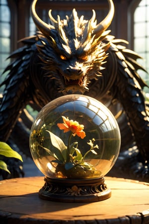 dragonyear in background, ((intricate details, hyperdetailed)),RAW,F/x 1,photorealistic,Hyper-realism,ambient occlusion,light defraction,depth of field,3D,hdr,8k,raytracing,realistic shadow,volumetric light,bloom,(Large Tall sealed glass spherical biosphere with ((goth fairy)) wearing tattered black bikini armor,symmetrical black wings),(miniature figure),fairy inside spherical biosphere,sitting on a beautiful old polished wooden desk,rustic office background,wood,brass,realistic glass,scattered adventurers gear,amber dim lighting,best quality,beautiful composition,concept art,masterpiece,intricate,octane render,award winning photograph,trending on artstation,unreal engine 5,original,dragon