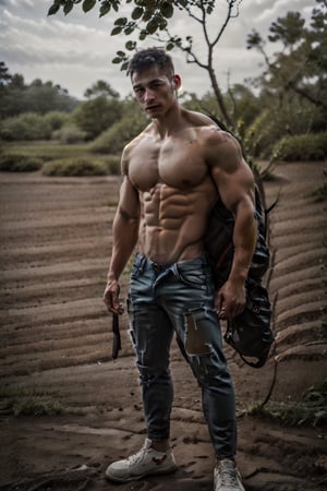 solo, looking at viewer, short hair, black hair, 1boy, jeans, standing, nipples, male focus, outdoors, shoes, day, blurry, tree, muscular, blurry background, facial hair, abs, pectorals, muscular male, topless male, realistic, muscular_body, narrow waist, brown_skin