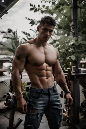 solo, looking at viewer, short hair, black hair, 1boy, standing, nipples, male focus, outdoors, long_jeans, day, blurry, tree, muscular, blurry background, facial hair, abs, pectorals, muscular male, topless male, realistic, brown_skin, narrow_waist, long_legs,Portrait,Pectoral Focus,Nice legs and hot body, long legs,Muscle 