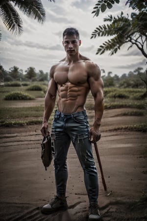 solo, looking at viewer, short hair, black hair, 1boy, jeans, standing, nipples, male focus, outdoors, shoes, day, blurry, tree, muscular, blurry background, facial hair, abs, pectorals, muscular male, topless male, realistic, muscular_body, narrow waist, brown_skin