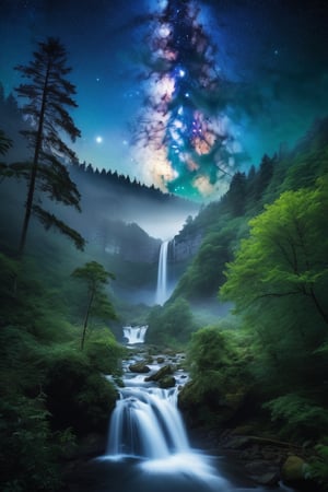 ((stars in the sky)) night, planets, waterfall and forest on earth, landscape photography, highly detailed, dynamic lighting, cinematic, realism, realistic, photo real, detailed, high contrast, denoised, centered, highly detailed,(Cinematic Photo:1.3) (Ultra detailed:1.3) foggy forest background, forest behind