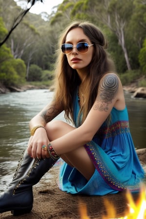 photorealistic,realhands,((sunglass,beautiful detailed eyes)),((woman in hippie dress)), black hair, tall, thin, long boots, turkmen, tattoo on arms, nose pierced, sitting next to a fire, drinking beer, in a forest in Australia, with a river flowing by,woman,High Detail, Sharp focus