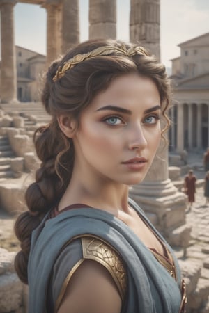 A beautiful and attractive woman in an ancient Roman city, ((ancient Roman city background)),realistic,photo,hyperrealistic, masterpiece,perfect eyes,woman_nr1,