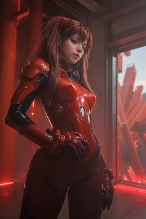 4K, 8K, (Masterpiece, best quality:1.2), blue eyes, perfect face, cosplay, professional photo, photo, photorealism, ((red armor)), modelshoot style, portrait of shirogane, red plugsuit, feminine, (girl),  ((cyberpunk landscape)), (narrow waist), upper body, face shot, very small breats, nsfw, half naked, 