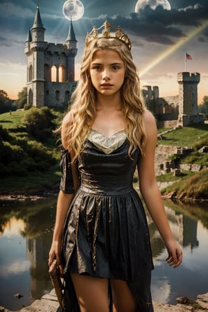  night, moonlight, illuminated by moon rays, enhanc3d, 13 year old girl, super detailed face, low cut medieval dress, long blonde flowing hair, tiara, standing, holding golden staff, facing viewer, castle ruins,sparkles, shadows and reflections, 8k uhd, dslr,  high quality, film grain,Masterpiece,nodf_lora