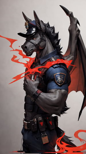 Male, furry, horse, grey body, black hair, devil wings, red energy, police man, devil, reflective flore