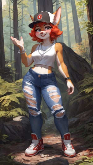 Female, anthro, bottom heavy, (fly agaric), white, blush, smug, white tanktop, ripped jeans, black baseball cap, sneakers, silver chain, , forest, detailed background, hi res