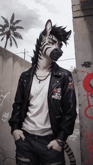 Furry, male, zebra, goth, black jacket, overcast sky, los angeles, concrete, graffity, palms, graffity
