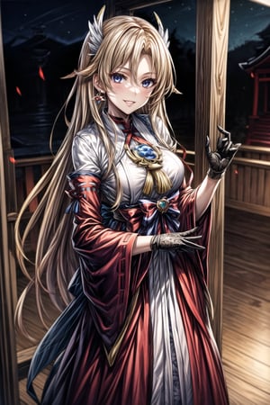 ((best quality)),  ((highly detailed)),  masterpiece,  ((official art)), ultra-detailed,1girl, night, solo, standing, smile, looking at viewer,  shrine_maiden, jewelry, earrings, gloves, miko, parted lips, long sleeves, lips, evil smile, evil girl, crazy, long hair,masterpiece,edgGesugao, blond_hair, long_blond_hair, miko, shrine_maiden,Alfin Reise Arnor