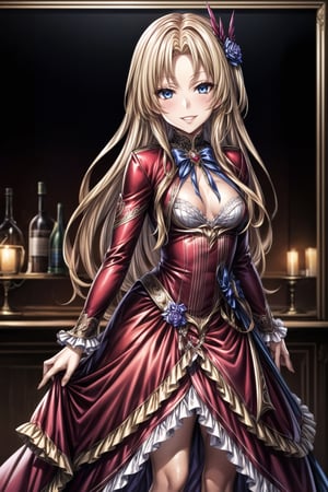 ((best quality)),  ((highly detailed)),  masterpiece,  ((official art)), ultra-detailed,1girl, night, solo, standing, smile, looking at viewer, jewelry, parted lips lips, evil smile, evil girl, crazy, long hair,masterpiece,edgGesugao,  (beautiful detailed girl), cowboy shot, Alfin Reise Arnor, blonde hair, blue eyes, small breasts, hair ornament, wing ornament, red dress, ribbon, red high heels, frills, 