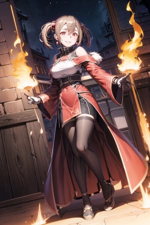 ((best quality)),  ((highly detailed)),  masterpiece,  ((official art)), (kirito_ggo, long hair, hair_between_eyes, black hair),  ultra-detailed,1girl, night, dress, breasts, clothing cutout, solo, cleavage cutout, standing, cleavage, smile, fire,, looking at viewer,  feather boa, sleeveless, bare shoulders, covered navel, jewelry, earrings, pantyhose, gloves, large breasts, red dress, chinese clothes,  black legwear,polearm, brown legwear, off shoulder, pelvic curtain, fur collar, long breasts,, parted lips, long sleeves, side slit, lips, evil smile, evil girl,crazy,dynamic poseeyes,Silica_SAO,edgGesugao,F41Arm0r