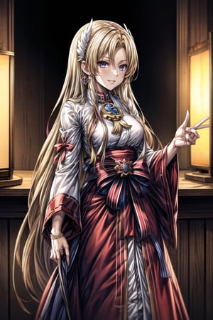 ((best quality)),  ((highly detailed)),  masterpiece,  ((official art)), ultra-detailed,1girl, night, solo, standing, smile, looking at viewer,  shrine_maiden, jewelry, earrings, gloves, miko, parted lips, long sleeves, lips, evil smile, evil girl, crazy, long hair,masterpiece,edgGesugao, blond_hair, long_blond_hair, miko, shrine_maiden,Alfin Reise Arnor