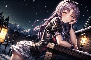 violet_hair, anime_hair, long_hair, devious_smile, lips, parted_lips, lying, on_stomach, RENNE_SEN,  hair ribbon, black jacket, purple shirt, short sleeves, white skirt, thigh band, violet_hair, yellow_eyes, braclets, beautiful_eyes, 1girl, devious_smile, cowboy_shot, winter, snowfall, snowy mountains, snow, snowy pine trees, freezing weather, frost, chill, wind, windy, winter , night, nighttime, starry sky, wooden fence, distant village, distant lights, lantern