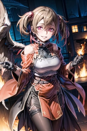 ((best quality)),  ((highly detailed)),  masterpiece,  ((official art)), (kirito_ggo, long hair, hair_between_eyes, black hair),  ultra-detailed,1girl, night, dress, breasts, clothing cutout, solo, cleavage cutout, standing, cleavage, smile, fire,, looking at viewer,  feather boa, sleeveless, bare shoulders, covered navel, jewelry, earrings, pantyhose, gloves, large breasts, red dress, chinese clothes,  black legwear,polearm, brown legwear, off shoulder, pelvic curtain, fur collar, long breasts,, parted lips, long sleeves, side slit, lips, evil smile, evil girl,crazy,dynamic poseeyes,Silica_SAO,edgGesugao