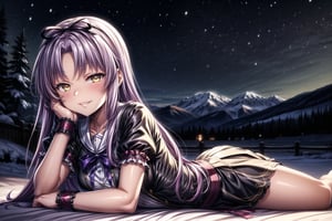 violet_hair, anime_hair, long_hair, devious_smile, lips, parted_lips, lying, on_stomach, RENNE_SEN,  hair ribbon, black jacket, purple shirt, short sleeves, white skirt, thigh band, violet_hair, yellow_eyes, braclets, beautiful_eyes, 1girl, devious_smile, cowboy_shot, winter, snowfall, snowy mountains, snow, snowy pine trees, freezing weather, frost, chill, wind, windy, winter , night, nighttime, starry sky, wooden fence, distant village, distant lights, lantern