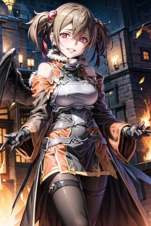 ((best quality)),  ((highly detailed)),  masterpiece,  ((official art)), (kirito_ggo, long hair, hair_between_eyes, black hair),  ultra-detailed,1girl, night, dress, breasts, clothing cutout, solo, cleavage cutout, standing, cleavage, smile, fire,, looking at viewer,  feather boa, sleeveless, bare shoulders, covered navel, jewelry, earrings, pantyhose, gloves, large breasts, red dress, chinese clothes,  black legwear,polearm, brown legwear, off shoulder, pelvic curtain, fur collar, long breasts,, parted lips, long sleeves, side slit, lips, evil smile, evil girl,crazy,dynamic poseeyes,edgGesugao,Silica_SAO
