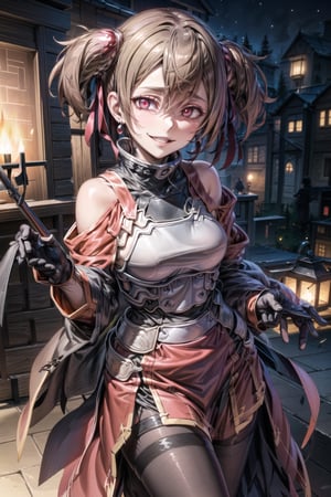 ((best quality)),  ((highly detailed)),  masterpiece,  ((official art)), (kirito_ggo, long hair, hair_between_eyes, black hair),  ultra-detailed,1girl, night, dress, breasts, clothing cutout, solo, cleavage cutout, standing, cleavage, smile, fire,, looking at viewer,  feather boa, sleeveless, bare shoulders, covered navel, jewelry, earrings, pantyhose, gloves, large breasts, red dress, chinese clothes,  black legwear,polearm, brown legwear, off shoulder, pelvic curtain, fur collar, long breasts,, parted lips, long sleeves, side slit, lips, evil smile, evil girl,crazy,dynamic poseeyes,Silica_SAO,edgGesugao
