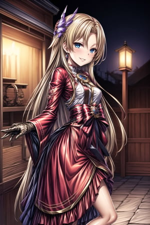 ((best quality)),  ((highly detailed)),  masterpiece,  ((official art)), ultra-detailed,1girl, night, solo, smile, looking at viewer,  shrine_maiden, jewelry, earrings, gloves, miko, parted lips, long sleeves, lips, evil smile, evil girl, crazy, long hair,masterpiece,edgGesugao, blond_hair, long_blond_hair, miko, shrine_maidenAlfin Reise Arnor, blonde hair, blue eyes, small breasts, hair ornament, wing ornament, red dress