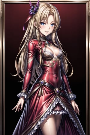 ((best quality)),  ((highly detailed)),  masterpiece,  ((official art)), ultra-detailed,1girl, night, solo, standing, smile, looking at viewer, jewelry, parted lips lips, evil smile, evil girl, crazy, long hair,masterpiece,edgGesugao,  (beautiful detailed girl), cowboy shot, Alfin Reise Arnor, blonde hair, blue eyes, small breasts, hair ornament, wing ornament, red dress, ribbon, red high heels, frills, 