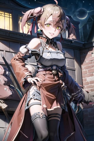 ((best quality)),  ((highly detailed)),  masterpiece,  ((official art)),   ultra-detailed,1girl, night, dress, breasts, clothing cutout, solo, cleavage cutout, standing, cleavage, smile, , looking at viewer,  sleeveless, bare shoulders, covered navel, jewelry, earrings,  large breasts, red dress, chinese clothes,  black legwear,polearm, brown legwear, off shoulder, pelvic curtain, fur collar, long breasts,, parted lips, long sleeves, side slit, lips, evil smile, evil girl,crazy,dynamic poseeyes,Silica_SAO,edgGesugao,SakuraMiko