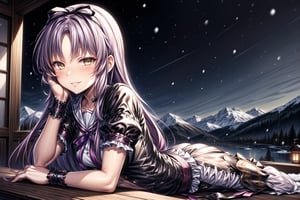 violet_hair, anime_hair, long_hair, devious_smile, lips, parted_lips, lying, on_stomach, RENNE_SEN,  hair ribbon, black jacket, purple shirt, short sleeves, white skirt, thigh band, violet_hair, yellow_eyes, braclets, beautiful_eyes, 1girl, devious_smile, cowboy_shot, winter, snowfall, snowy mountains, snow, snowy pine trees, freezing weather, frost, chill, wind, windy, winter , night, nighttime, starry sky, wooden fence, distant village, distant lights, lantern