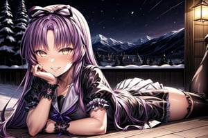 ((face_focus, violet_hair, anime_hair, long_hair, devious_smile, lying_on_stomach, RENNE_SEN,  hair ribbon, black jacket, purple shirt, short sleeves, white skirt, thigh band, violet_hair, yellow_eyes)), lips, parted_lips, braclets, beautiful_eyes, 1girl, devious_smile, cowboy_shot, winter, snowfall, snowy mountains, snow, snowy pine trees, freezing weather, frost, chill, wind, windy, winter , night, nighttime, starry sky, wooden fence, distant village, distant lights, lantern, 