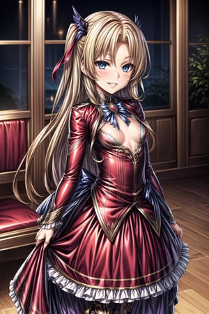 ((best quality)),  ((highly detailed)),   wing ornament, masterpiece,  ((official art)), ultra-detailed,1girl, night, solo, standing, smile, looking at viewer, jewelry, parted lips lips, evil smile, evil girl, crazy, long hair,masterpiece,edgGesugao,  (beautiful detailed girl), cowboy shot, Alfin Reise Arnor, blonde hair, blue eyes, small breasts, hair ornament, wing ornament, red dress, ribbon, red high heels, frills, 