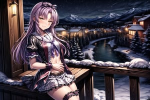 violet_hair, anime_hair, long_hair, devious_smile, lips, parted_lips, lying, on_stomach, RENNE_SEN,  hair ribbon, black jacket, purple shirt, short sleeves, white skirt, thigh band, violet_hair, yellow_eyes, braclets, beautiful_eyes, 1girl, devious_smile, cowboy_shot, winter, snowfall, snowy mountains, snow, snowy pine trees, freezing weather, frost, chill, wind, windy, winter , night, nighttime, starry sky, wooden fence, distant village, distant lights, lantern