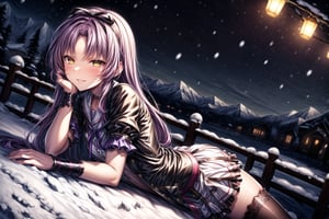 violet_hair, anime_hair, long_hair, devious_smile, lips, parted_lips, lying, on_stomach, RENNE_SEN,  hair ribbon, black jacket, purple shirt, short sleeves, white skirt, thigh band, violet_hair, yellow_eyes, braclets, beautiful_eyes, 1girl, devious_smile, cowboy_shot, winter, snowfall, snowy mountains, snow, snowy pine trees, freezing weather, frost, chill, wind, windy, winter , night, nighttime, starry sky, wooden fence, distant village, distant lights, lantern