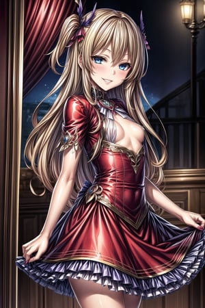 ((best quality)),  ((highly detailed)),   wing ornament, masterpiece,  ((official art)), ultra-detailed,1girl, night, solo, standing, smile, looking at viewer, jewelry, parted lips lips, evil smile, evil girl, crazy, long hair,masterpiece,edgGesugao,  (beautiful detailed girl), cowboy shot, Alfin Reise Arnor, blonde hair, blue eyes, small breasts, hair ornament, wing ornament, red dress, ribbon, red high heels, frills, 