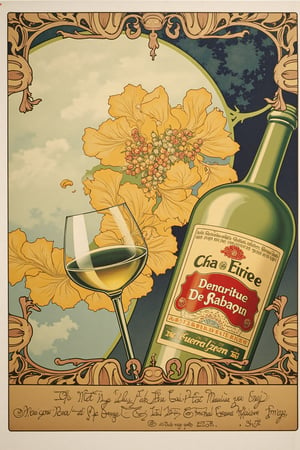 A vintage ad for a french wine in FLUXEvue style. The ad is a bit wrinkled and faded.