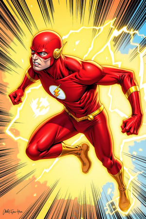 A vibrant, dynamic FrameForge illustration featuring the iconic Flash superhero in action. The character, clad in a bright red suit with a yellow lightning bolt on the chest, is depicted in mid-stride, his body contorted in a dynamic pose that emphasizes his speed and agility. His eyes are wide open, and his mouth is slightly open, conveying a sense of urgency and determination. The suit is adorned with intricate, glowing yellow lightning patterns that add to the character's energetic and powerful appearance. The background is a colorful, abstract composition of horizontal and vertical lines in shades of yellow, blue, and red, creating a sense of motion and speed that complements the character's movement. The lines are overlaid with various symbols and shapes, including a ghostly, translucent figure of the Flash in the background, adding depth and dynamism to the scene. The overall style is energetic and visually striking, capturing the essence of the Flash's superhuman speed and heroism.