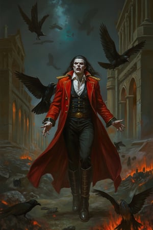 RetroSci style. A highly detailed painting in a gothic fantasy style. The central figure is a male vampire with pale, almost translucent skin, and long, dark hair. He wears a striking red, long coat with gold trim and a white shirt underneath, adorned with black epaulets. The coat is open, revealing a black vest and a gold belt with a buckle. His black pants are tucked into high, black boots with gold buckles. He has sharp, pointed teeth and red eyes, and his expression is intense and focused. The vampire is surrounded by a dark, gothic atmosphere with a background of an abandoned, crumbling cathedral with broken arches and pillars. The sky is dark, with a few beams of light filtering through, illuminating the scene. Black ravens are flying around him, adding to the eerie ambiance. The ground is covered in ash and debris, with orange flames flickering in the distance, suggesting a recent battle or destruction. The textures in the image are highly detailed, from the intricate patterns on the vampire's coat to the rough, crumbling stone of the cathedral. The overall mood is dark and foreboding, with a sense of impending danger and mystery.