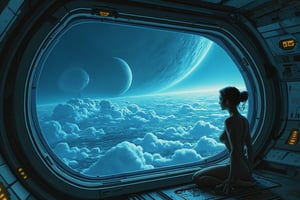  RetroSci style. Inside a massive generational seed ship, a woman gazes out of a large viewport at a distant, lush planet with vibrant blue oceans and swirling clouds, teeming with life. Her reflection subtly overlays the window as she watches the world that their descendants will soon colonize. The interior of the ship is softly lit with futuristic, minimal designs, highlighting the immense journey they’ve undertaken. Her form is serene yet strong, representing the culmination of centuries of evolution and survival. The distant planet is full of promise, framed against the vastness of space, evoking a sense of awe, hope, and the unknown future that awaits.