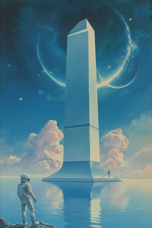 RetroSci style. A book cover. The focal point is an enormous, gleaming obelisk-like structure floating above an alien ocean, shimmering in perfect symmetry. The ocean’s surface reflects the obelisk in an eerie, perfect duplicate, making it seem as though it extends infinitely above and below. In the foreground, a lone astronaut, clad in a reflective silver suit, stands on a small rocky outcrop. The astronaut stares up at the massive, enigmatic object, arms outstretched in either reverence or surrender to the overwhelming sight. Above the obelisk, the sky is filled with swirling, celestial formations—nebulae in soft pinks, purples, and blues, with distant stars and a crescent moon looming larger than life. The stars seem to spiral toward the obelisk as if being drawn in by its gravitational force. The astronaut’s visor reflects the obelisk, emphasizing the theme of humanity’s smallness against the vast unknown. The title “The Infinite Reflection” appears in sleek, modern typography, with a metallic sheen to match the technological theme, while “Arthur C Clarke” name is bold, but understated, placed near the top of the cover. The art uses a cool color palette, dominated by metallic silvers, reflective blues, and soft purples. The composition is minimalist, with an air of profound mystery. The image has an otherworldly calm and beauty, while the vastness of space and the enormity of the obelisk convey a sense of cosmic isolation and the unknowable.