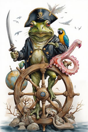 A whimsical, highly detailed Wcol style painting featuring a large anthropomorphic frog dressed in a pirate outfit. The frog stands on a wooden ship's wheel, holding a wooden sword and a compass. It wears a tall, black pirate hat with a gold emblem and a feather, and a black coat with gold buttons. The frog's skin is green with a yellowish underbelly, and its eyes are large and round with an expressive look. Surrounding the frog are various maritime-themed objects and animals. To the left, a small green bird perches on the wheel, and a globe with a map of the world is partially visible. On the right, a large, colorful parrot with a blue and green plumage sits on the frog's shoulder, and a pink octopus with suction cups is coiled around the frog's arm. The background is white, with silhouettes of birds in flight, adding a sense of movement and depth. The textures in the painting are smooth and detailed, with a realistic quality that enhances the fantastical elements. The overall style blends elements of surrealism and fantasy art, creating a whimsical and playful scene that is both engaging and visually striking.