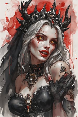 Watercolor style. A simple sketch with guidelines. The dark goddess, grim and fearsome expression with glowing eyes. Her evil smile revealing shiny gold teeth and fangs. Her face is showing decay and death but also tempting beauty. Wearing an iron crown on her silver hair. Shrouded in a dark dress with skull decorations. Soft washes in black and red in the background.