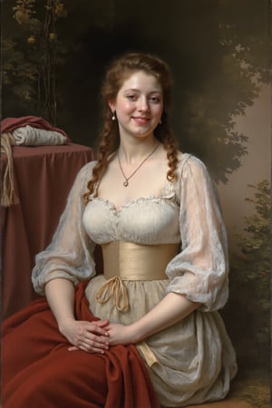 Oil painting. A portrait of a woman with an enigmatic smile, her hands folded calmly in her lap. The soft transitions between colors create a lifelike yet mysterious quality. 19th century. Use loose and fluid brushstrokes in non-focal areas, but with great precision in faces and hands. Painterly approach with confident, broad strokes. Composition is informal, with figures arranged in natural poses, creating a sense of spontaneity. Use a palette which has natural, realistic tones with a focus on capturing light. Soft colors which shift to vibrant hues when emphasizing specific elements like fabrics.