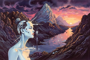 This artwork blends elements of surrealism, science fiction and RetroSci style. It depicts a serene yet ethereal landscape under a twilight sky. In the foreground, a woman's head and shoulders are prominently featured, facing left. Her hair is styled in a tight bun, and her skin is a smooth, glowing white, giving her a ghostly appearance. Light beams and abstract patterns radiate from her face, adding a mystical aura. The background showcases a vast, mountainous landscape with rugged peaks and valleys. The mountains are silhouetted against a darkening sky, with the sun setting on the right, casting a golden glow. The sky is filled with swirling clouds, and the distant horizon is reflected in a calm, reflective body of water that stretches across the middle ground. The water's surface is rippled, creating a sense of motion. The overall color palette is dominated by dark purples, blacks, and grays, with subtle highlights of pink and gold. The texture of the mountains and water appears smooth and reflective, while the woman's skin and the abstract patterns around her are highly detailed and textured. The artwork combines elements of fantasy and nature, creating a dreamlike, otherworldly atmosphere.