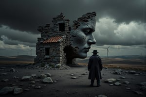 The central figure is a man, dressed in a long, dark coat and a fedora hat, standing on a barren, rocky terrain under a dark, overcast sky. He is positioned slightly to the right of the center, facing a massive, human-like stone face that emerges from the ground. The stone face is weathered and ancient, with deep furrows and cracks, giving it a timeless and mysterious appearance. It is partially obscured by a crumbling, ancient building, which appears to be a ruin with a tiled roof and windows. The building’s structure is in disrepair, with parts of it blending seamlessly into the stone face, creating a haunting, surreal effect. In the background, the landscape features rolling hills and distant wind turbines, indicating a modern setting juxtaposed with the ancient, crumbling structures. The overall mood of the image is dark and eerie, with a strong emphasis on the contrast between the natural and man-made elements, and the blending of the past and present. The textures of the stone and the man's clothing are detailed, adding to the realism of the surreal scene.