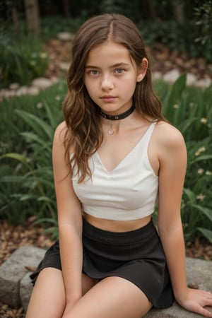 enhanc3d, 13 year old girl, brown hair,  super detailed face, highly realistic eyes, choker, sleeveless crop top , short soft skirt,  bokeh, sitting, 8k uhd, dslr, soft lighting, high quality, film grain,Masterpiece